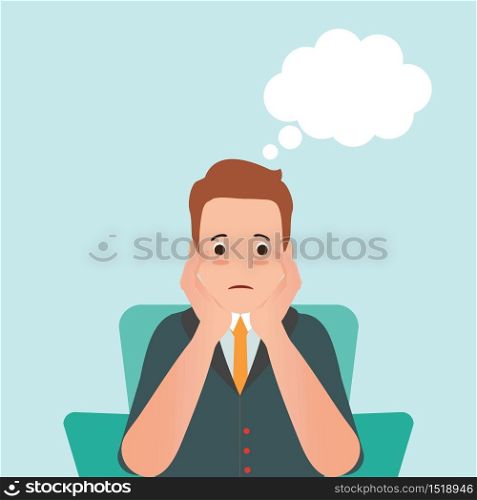 Anxious man feeling sadness and thought balloon sitting on the chair isolated on white, cartoon character vector illustration.
