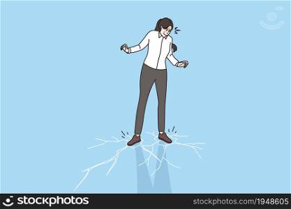 Anxious stressed businesswoman walk on thin ice risk in company deal or offer. Worried woman employee take risky decision, unsure doubtful. Cartoon character, flat vector illustration.. Anxious businesswoman feel stressed walk on thin ice