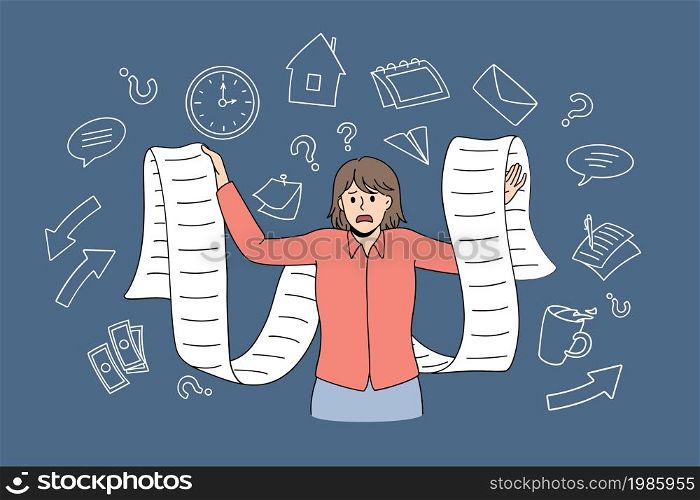 Anxious stressed young woman hold long paper list distressed with deadline. Worried girl frustrated confused with bill or plan schedule. Time management problem. Stress. Vector illustration. . Anxious woman stressed with long list or schedule