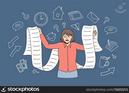 Anxious stressed young woman hold long paper list distressed with deadline. Worried girl frustrated confused with bill or plan schedule. Time management problem. Stress. Vector illustration. . Anxious woman stressed with long list or schedule