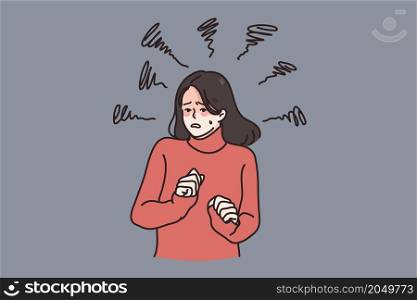 Anxious unhappy woman feel scared depressed suffer from mental psychological disorder. Upset worried female struggle with depression or anxiety panic attack. Healthcare concept. Vector illustration. . Anxious woman feel scared suffer from panic attack