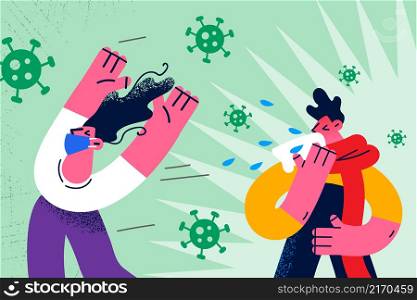 Anxious woman in facemask feel scared run from man coughing and sneezing terrified of corona virus infection. Worried girl frightened of sick guy. Covid-19, corona concept. Vector illustration. . Anxious woman run from sick infected man