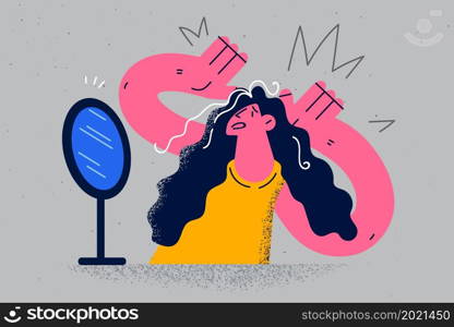 Anxious woman look in mirror stressed with first grey hair on head. Unhappy frustrated female feel shocked distressed become grey-haired. Aging and beauty concept. Flat vector illustration. . Anxious woman look in mirror stressed with grey hair