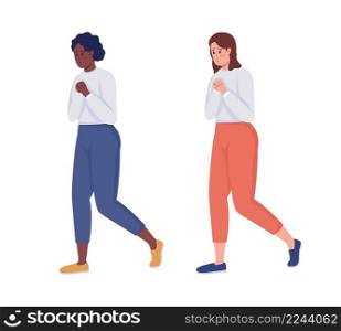 Anxious woman semi flat color vector character set. Walking figure. Full body people on white. Nervous isolated modern cartoon style illustration for graphic design and animation collection. Anxious woman semi flat color vector character set