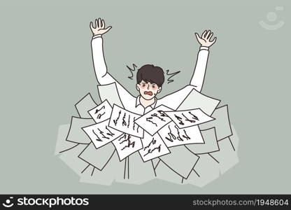 Anxious young man drowning in paper bills and bank notification. Unhappy worried male employee in pile of paperwork and documents. Deadline, workload problem. Flat vector illustration.. Anxious man drowning in paperwork documents and bills