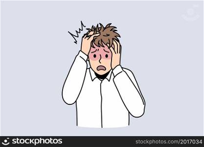 Anxious young man feel distressed worried suffer from panic attack or anxiety. Unhappy unwell guy struggle with depression or mental problems. Psychological instability concept. Vector illustration. . Anxious man feel stressed suffer from panic attack
