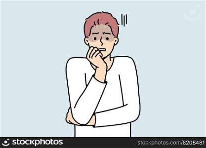 Anxious young man feeling terrified and worried. Unhappy guy feel afraid and astonished. Emotion control and mental problems. Vector illustration. . Anxious man feeling scared