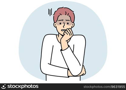 Anxious young man feeling terrified and worried. Unhappy guy feel afraid and astonished. Emotion control and mental problems. Vector illustration.. Anxious man feeling scared