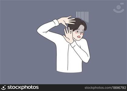 Anxious young man make stop hand gesture feel scared frightened. Millennial guy show denial rejection, terrified and afraid. Human emotion, fear and scare. Panic, anxiety. Flat vector illustration. . Anxious man fee frightened make stop hand gesture