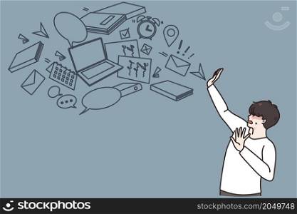 Anxious young man overwhelmed with information overload stop digital flow. Worried guy have data abundance overstock, reject notification. Virtual hygiene concept. Flat vector illustration. . Anxious man overwhelmed with digital information flow