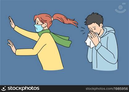 Anxious young woman in facemask scared of sick man sneezing have running nose afraid of covid-19 pandemics. Worried girl terrified by unhealthy male stressed with coronavirus. Vector illustration. . Anxious woman in facemask scared of sick man