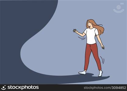 Anxious young woman look in unknown future. Worried girl on light path step dark way facing darkness and uncertainty. Fear and challenge, overcome difficulties. Vector illustration. . Anxious woman facing dark unknown future
