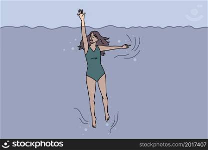 Anxious young woman panic drowning in water on summer vacation. Worried stressed girl ask beg for help go underwater on holiday resort. Marine activity and danger concept. Vector illustration.. Anxious woman ask for help drowning in sea