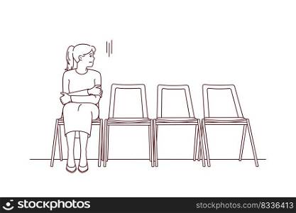 Anxious young woman sit on chair in corridor waiting or appointment. Stressed female feel worried wait in line in hallway. Vector illustration. . Anxious woman sit in chair waiting for appointment 