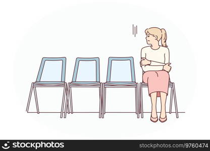 Anxious young woman sit on chair in corridor waiting or appointment. Stressed female feel worried wait in line in hallway. Vector illustration.. Anxious woman sit in chair waiting for appointment