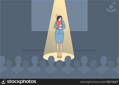 Anxious young woman speaker or presenter feel scared nervous of public speaking. Worried female stand on stage unconfident shy talking making presentation in front of audience. Vector illustration.. Anxious woman speaker feel scared of public speaking