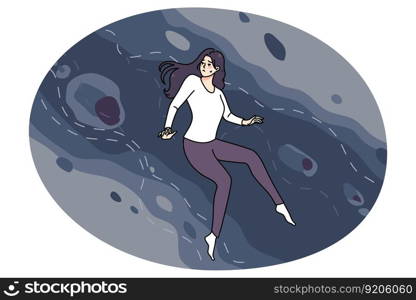 Anxious young woman wander through unknown risky area. Scared girl in dangerous space searching for something. Risk and challenge concept. Flat vector illustration.. Anxious woman wander through dangerous risky area