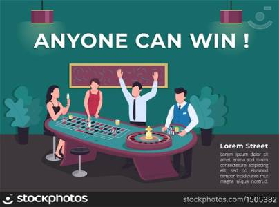 Anyone can win poster flat vector template. Man win at spinning roulette wheel. Premium entertainment. Brochure, booklet one page concept design with cartoon characters. Casino flyer, leaflet