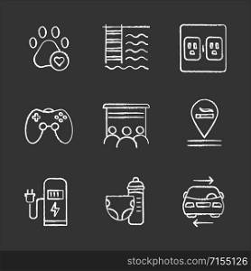 Apartment amenities chalk icons set. Pets allowed, swimming pool, charging outlet, game room, movie theater, smoking allowed, ev charging, nursery, carshare. Isolated vector chalkboard illustrations