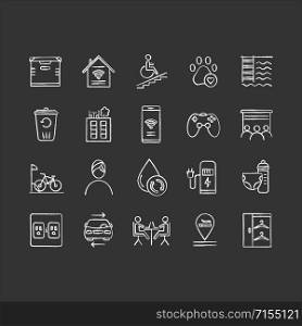 Apartment amenities chalk icons set. Residential services. Comfortable house signs. Luxuries for dwelling inhabitants. Property conveniences for renters. Isolated vector chalkboard illustrations