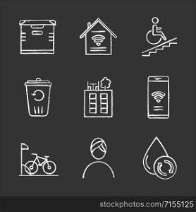 Apartment amenities chalk icons set. Storage, smart home, wheelchair access, recycling, rooftop deck, iInternet access, bike parking, spa, water filtration. Isolated vector chalkboard illustrations