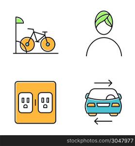 Apartment amenities color icons set. Bike parking, spa, shared car service, charging outlets. Residential services. Luxuries for dwelling inhabitants. Isolated vector illustrations