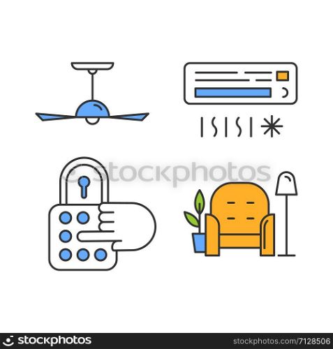Apartment amenities color icons set. Ceiling fan, air conditioning system, temperature regulation. Combination lock, modern furnishing. Comfortable devices. Isolated vector illustrations