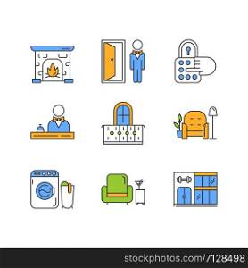 Apartment amenities color icons set. Central reception, doorman, resident lounge, lobby bar. Laundry, gym building, balcony, concierge. Combination lock, fireplace. Isolated vector illustrations