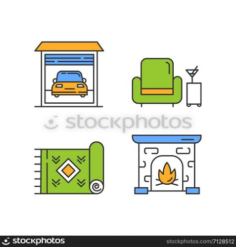 Apartment amenities color icons set. Garage car parking, room service. Traditional green home carpet, vintage mantelpiece. Comfortable living conditions. Isolated vector illustrations