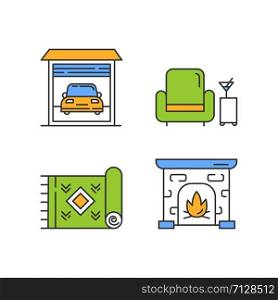 Apartment amenities color icons set. Garage car parking, room service. Traditional green home carpet, vintage mantelpiece. Comfortable living conditions. Isolated vector illustrations