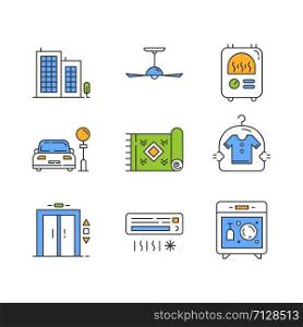 Apartment amenities color icons set. Multi-storey building, dry-cleaning, car parking. Air conditioning system, central heater, elevator lift, carpet, dishwashing. Isolated vector illustrations