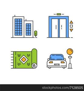 Apartment amenities color icons set. Office center, high rise multy-storey building. Home textile floor carpet. Car parking zone. Elevator lift. Convenient facilities. Isolated vector illustrations