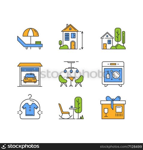 Apartment amenities color icons set. Outdoor furniture, lounge. Dry cleaning, dishwasher, package service. High ceiling building, cottage with garden, car parking. Isolated vector illustrations