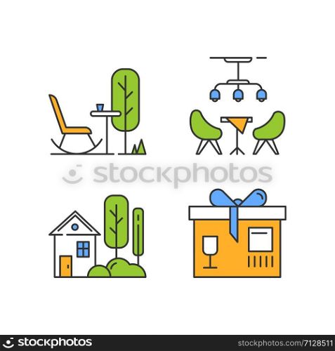Apartment amenities color icons set. Outdoor rest space, residents lounge, small village house with garden, package service. Comfortable leisure zones. Isolated vector illustrations