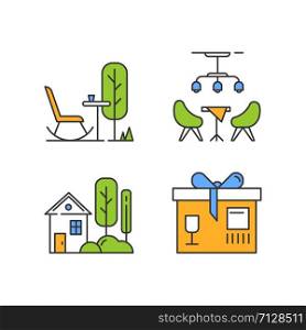 Apartment amenities color icons set. Outdoor rest space, residents lounge, small village house with garden, package service. Comfortable leisure zones. Isolated vector illustrations