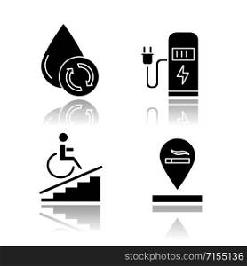 Apartment amenities drop shadow black glyph icons set. Water filtration, car charging station, wheelchair access, smoking allowed. Residential services. Isolated vector illustrations