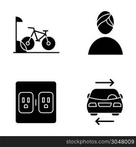 Apartment amenities glyph icons set. Bike parking, spa, shared car service, charging outlets. Residential services. Luxuries for dwelling inhabitants. Silhouette symbols. Vector isolated illustration