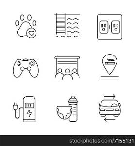 Apartment amenities linear icons set. Pets allowed, swimming pool, charging outlet, smoking allowed, nursery. Thin line contour symbols. Isolated vector outline illustrations. Editable stroke