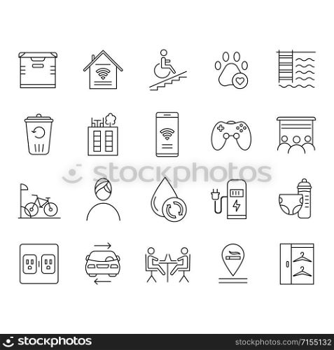 Apartment amenities linear icons set. Residential services. Comfortable house. Luxuries for dwelling inhabitants. Thin line contour symbols. Isolated vector outline illustrations. Editable stroke