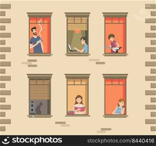 Apartment building facade with neighbor people and cats in open windows. Men and women drinking coffee, reading, talking. Vector illustration for staying at home, quarantine, communication concept