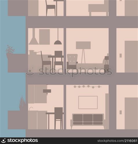Apartment building in cut. Modern interior.Vector illustration