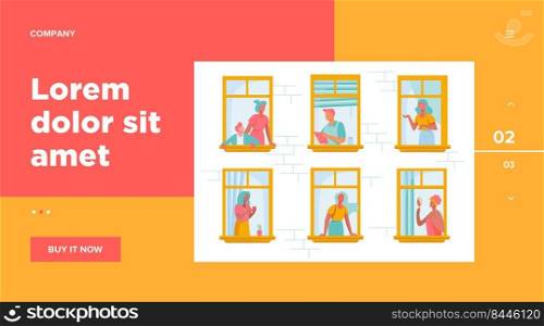 Apartment building with people in open window spaces. Neighbors drinking coffee, talking, using cell. Vector illustration for block of flat, condo, neighborhood, community, house friendship concept