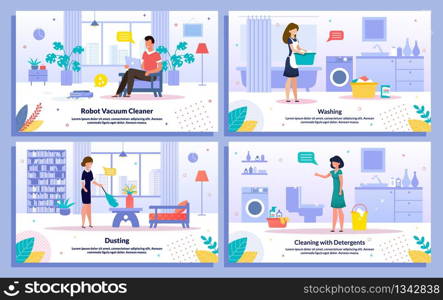 Apartment Cleaning, Housekeeping Activities and Work Trendy Flat Vector Banners, Posters Set. Man Resting While Robot Vacuuming Floor, Woman Washing Clothes, Dusting, Cleaning Bathroom Illustration