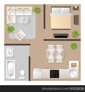 Apartment design with furniture top view, architectural plan, kitchen, bathroom, bedroom and living room, vector illustration. Apartment design with furniture top view, architectural plan, kitchen, bathroom, bedroom and living room, vector illustration.