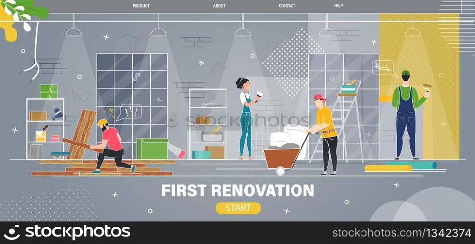 Apartment, House Living Room First Renovation Trendy Flat Vector Web Banner, Landing Page Template. Happy Smiling Woman Painting Wall, Workers Wallpapering, Repairman Installing Floor Illustration