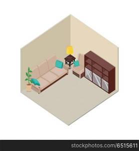 Apartment illustration in isometric projection. Room interior with furniture, walls and floor. Illustration for app icons, infographic, logo, web and games environment design. Isolated on white. Apartment Interior in Isometric Projection. Apartment Interior in Isometric Projection