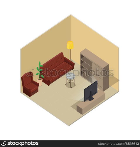 Apartment illustration in isometric projection. Room interior with furniture, walls and floor. Illustration for app icons, infographic, logo, web and games environment design. Isolated on white . Apartment Illustration in Isometric Projection. Apartment Illustration in Isometric Projection