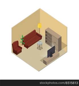 Apartment illustration in isometric projection. Room interior with furniture, walls and floor. Illustration for app icons, infographic, logo, web and games environment design. Isolated on white . Apartment Illustration in Isometric Projection. Apartment Illustration in Isometric Projection