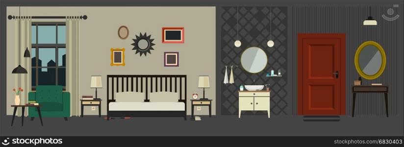 Apartment interior in flat style. . Apartment interior with furniture in flat style. Vector interior with hall, bathroom and bedroom.