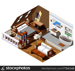 Apartment interior isometric composition with bathroom in white color, lounge, bedroom with windows in roof vector illustration. Apartment Interior Isometric Composition